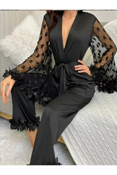 Ece's Desing Set de pijamale de lux din satin mătăsos cu dantelă Ortiş cu pen...