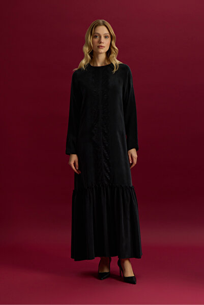 MISS DALIDA Önü Dantelli Cupro Elbise Siyah