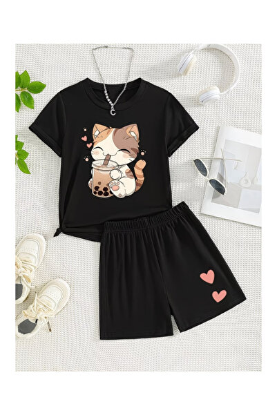 PEMBE KURDALE KAHVECİ KEDİ Set de vară pentru copii cu imprimeu, pantaloni sc...
