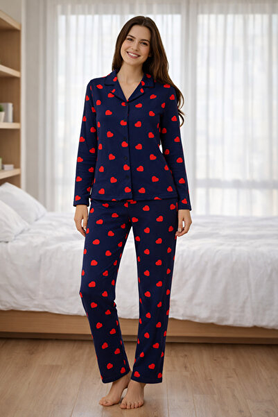 Vesperia Kadın Lacivert Kalpli Uzun Kollu Pijama Takımı Milan Kumaş