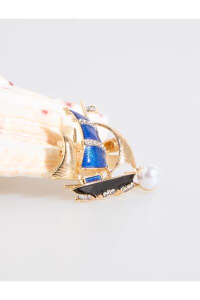 Jimmy Key Lacivert Yelkenli Figürlü İncili Broş