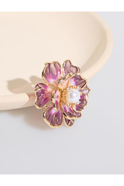 Jimmy Key Kahverengi Renkli Çiçek Figürlü İncili Broş