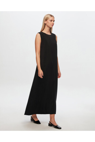 MISS DALIDA T24Y-4011 Düz Renk Kolsuz Keten Elbise BLACK
