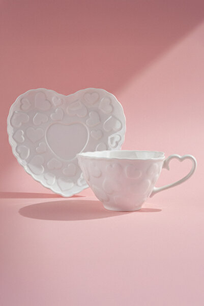 Karaca Pink Love Çay Fincanı ve Tabağı Beyaz 140 ml