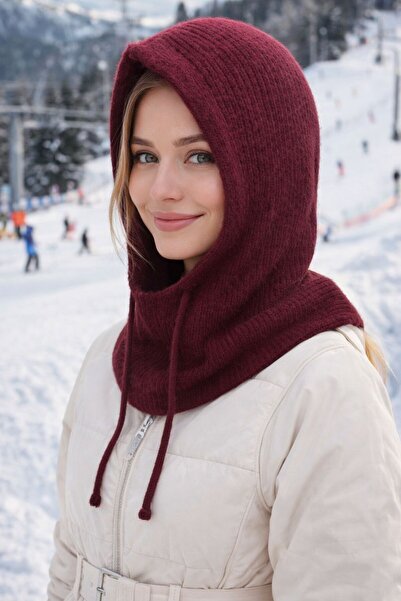 BALIENTE Burgundy Wool Premium Balaklava Women's Beanie Hat