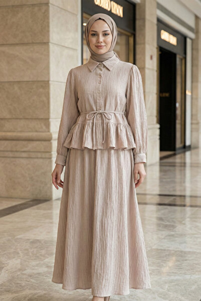 Kirazgym Women's Ruffled Detailed Buttoned Waist Tie Blouse Skirt Set - Mink