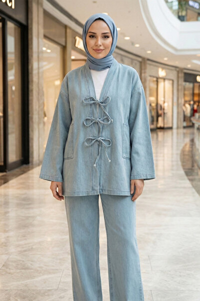 Kirazgym Women's Tie-Front Pocketed Trousers Denim Kimono Set - Light Blue