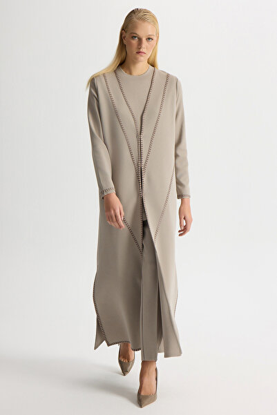 MISS DALIDA Tiktak Detaylı Düz Renk Triko Hırka Stone