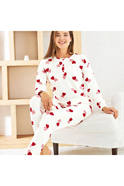 Tusebu Women's Long Sleeve Heart Pattern Pajama Set – White
