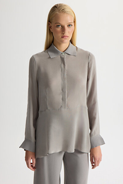 MISS DALIDA Yakası ve Manşeti Triko Detaylı Cupro Tunik Gri