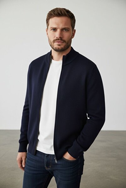 Sarar Interview Zippered Half Turtleneck Rayon Navy Blue Knitwear Cardigan wi...