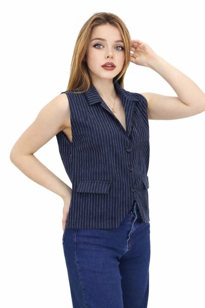 Generic Brand Women's Navy Blue Shirt Collar Striped Front Buttoned Blazer Style Vest