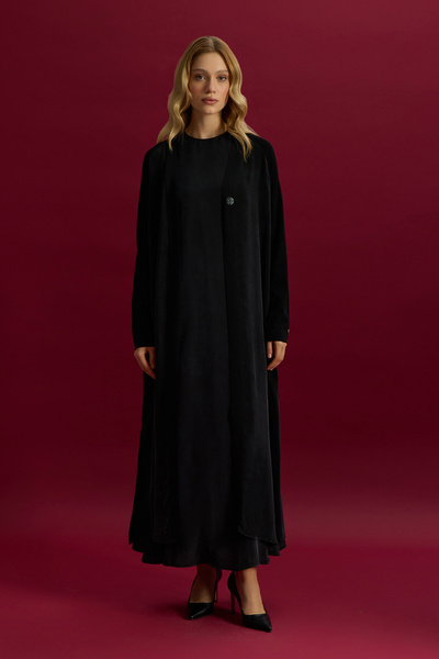 MISS DALIDA Triko Detaylı V Yaka Cupro Kap Siyah