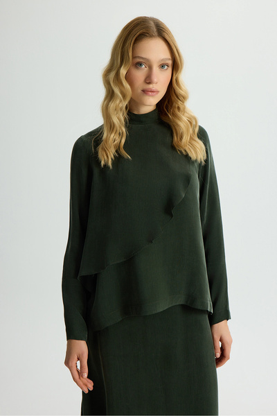 MISS DALIDA Ön Kısmı Hareketli Cupro Tunik Haki