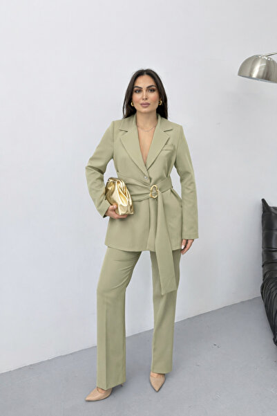 spirituel Women's Two-Piece Set: Stylish Gold Buckle Belted Blazer Jacket and...