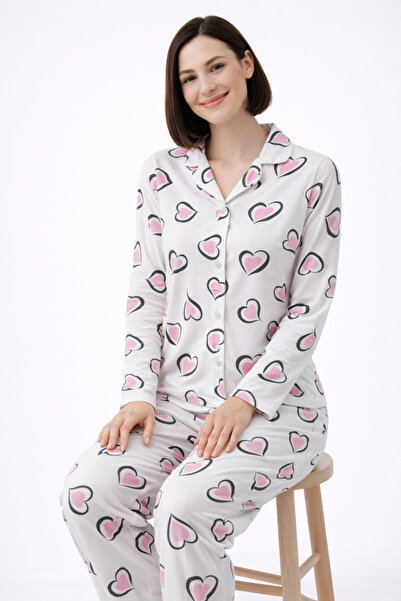 sleeproom Heart Patterned Buttoned Women's Pajama Set
