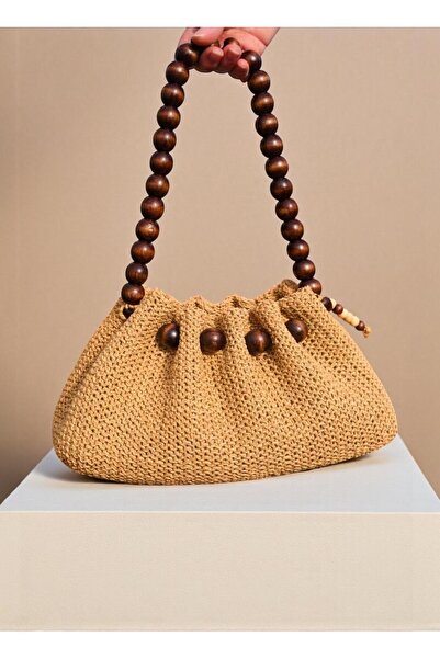 DEMESİ Kadın Ahşap Boncuklu Hasır El Örgüsü Omuz Çantası