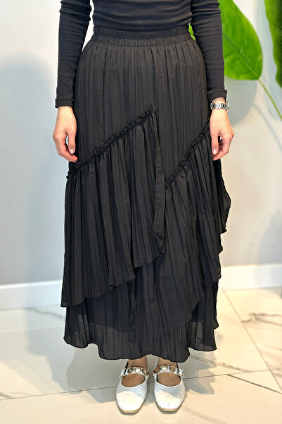 Lale Butik Cotton Ruffled Flared Skirt 27031 Black