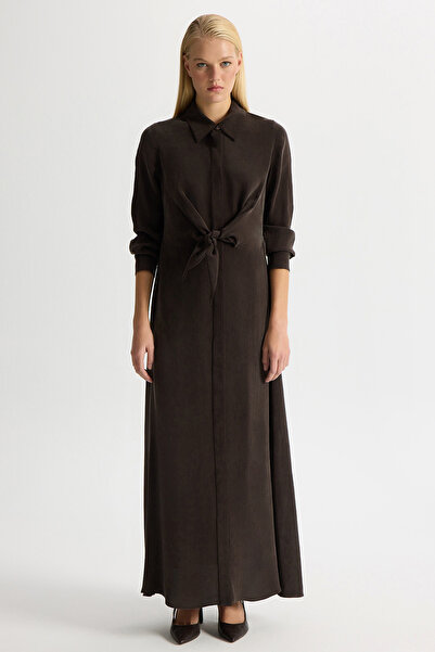 MISS DALIDA Ön Kısmı Bağlama Detaylı Cupro Elbise Kahverengi