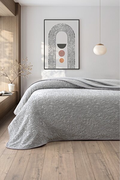 Sevim بطانية مخملية مزدوجة - غطاء سرير ناعم ودافئ وأنيق من الجاكار - رمادي فاتح