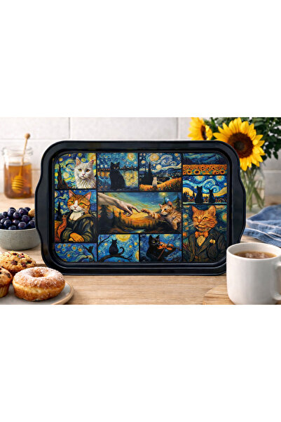 ATAGİFT HEDİYELİK Van Gogh Stil Kedi Desenli Metal Sunum Tepsisi 35 x 20 cm –...