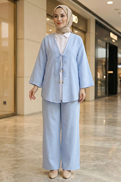 Kirazgym Women's Tie-Front Kimono Pants Set - Baby Blue