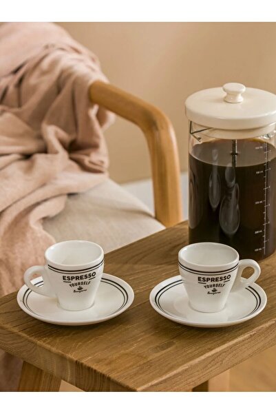 LC Waikiki LCW HOME Beyaz Espresso Baskılı 2 Kişilik Porselen Kahve Fincan Ta...