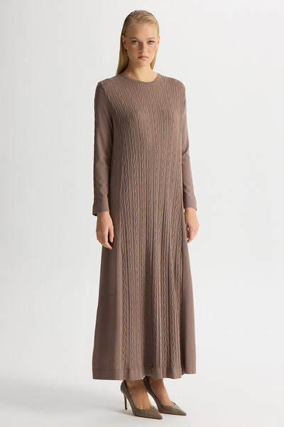 MISS DALIDA Saç Örgülü Düz Renk Elbise Kahverengi Pudra
