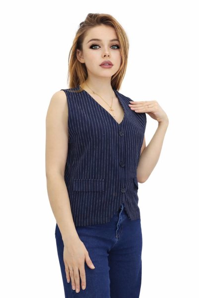 Generic Brand Women's Navy Blue V-Neck Striped Buttoned Front Blazer Style Vest