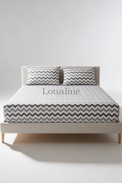 Lotusline Lastikli Çarşaf Seti Çift Kişilik / Battal Boy Akfil Kumaş Siyah Zigzag