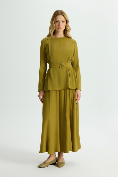 MISS DALIDA Kemerli Pile Detaylı Cupro Tunik Amber