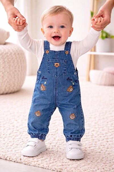 TUOBEBE Baby Denim Jumpsuit with Embroidered Bear