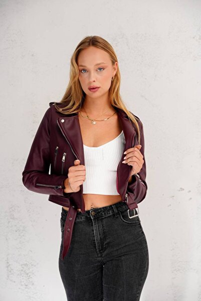 VESS MODA Short Leather Jacket with Double Zipper and Belt Detail