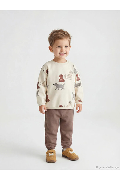 LC Waikiki Lcw Baby Beige Printed Baby Boy Sweatshirt and Sweatpants