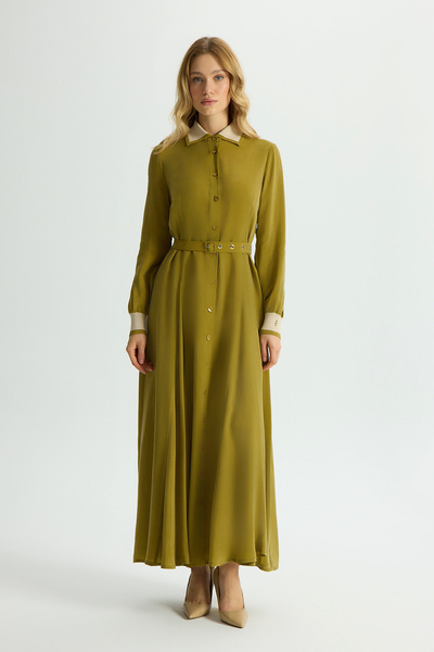 MISS DALIDA Yakası ve Bilekleri Triko Cupro Elbise Amber