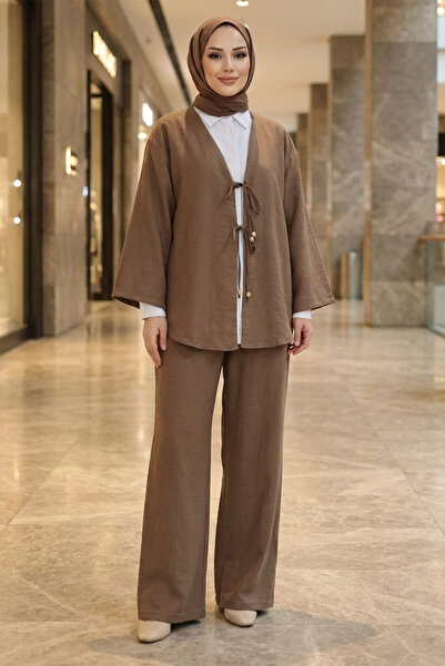 Kirazgym Women's Tie-Front Kimono Pants Set - Light Brown