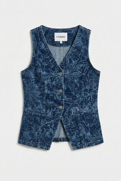 it's basic Дамска синя 1s6-7 жилетка с копчета отпред, флорален мотив и ярки ...