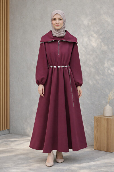 Kirazgym Half Zipper Gathered Waist Belted Scuba Dress -Burgundy