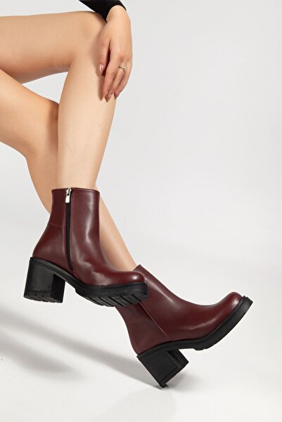 ELLOLİTA LUXURY SHOES 767-3020 Burgundy Zippered Thick Heeled Daily Women's B...