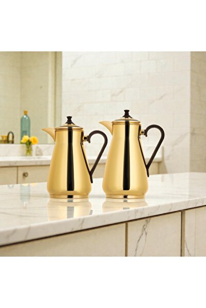 saif Al Saif Company's shiny gold-plated thermos set with wooden handles