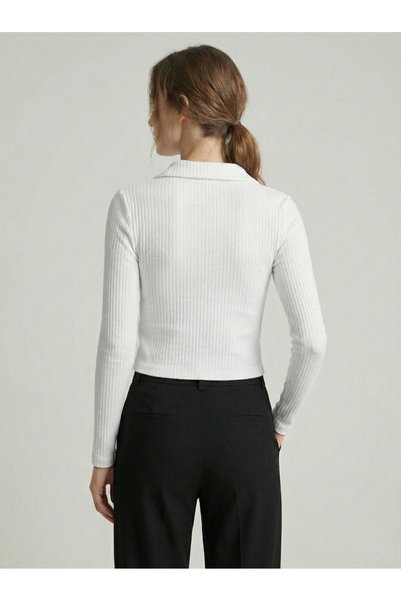 NEW JOURNAL Women's Ecru Soft Textured Polo Collar Blouse Nj88