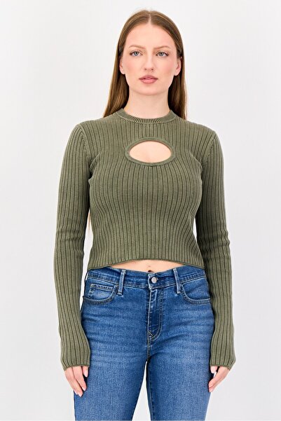 Lime Women Crew Neck Ribbed Sweater, Olive