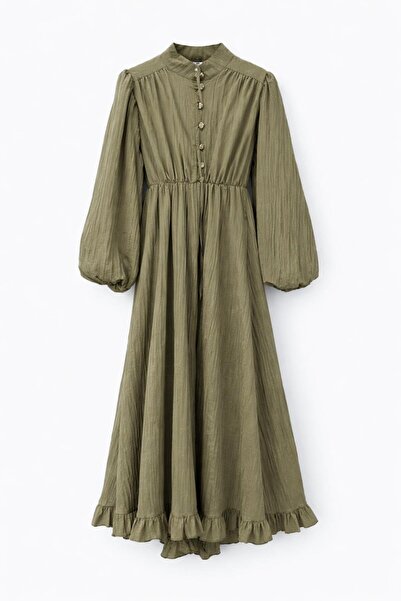 HAZELANNA Gold Buttoned Pleated Khaki Dress