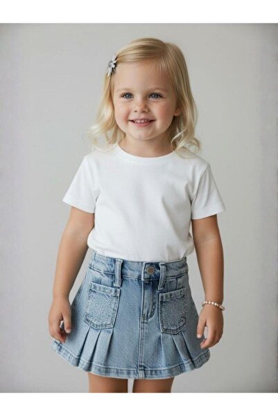 Zekids Baby Girl Pleated Jean Skirt with Stone Pockets