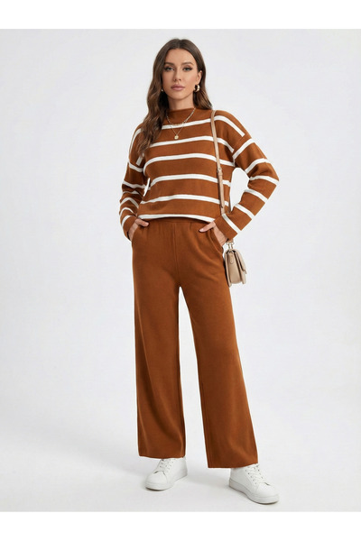 NEW JOURNAL Women's Brown High-Neck Striped Knitwear Top and Bottom Set Nj85