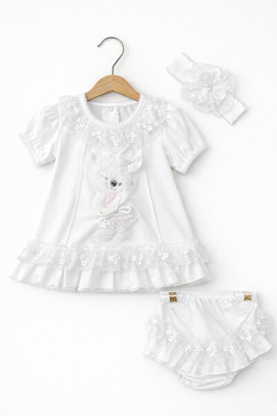 Kardeşler Bebe Lace Teddy Bear Baby Girl Dress Set – Set of 3 with Headband
