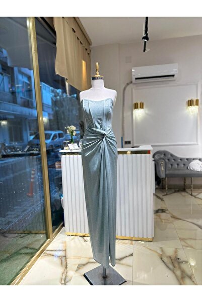 Abiye's MİNT YEŞİLİ BÜSTİYERLİ IŞILTILI DÜĞÜM DRAPELİ YIRTMAÇLI SÖZ NİŞAN NİK...