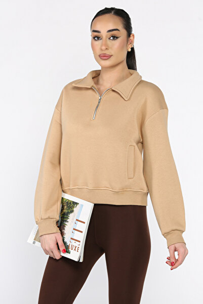 azragül giyim سويت شيرت نسائي بياقة عالية ونصف سحاب وتطريز شاردون