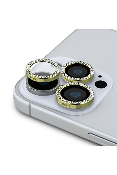 Guess واقي عدسة ذهبي متوافق مع iPhone 17 Pro، أصلي ومرخص، مزين بأحجار الراينس...