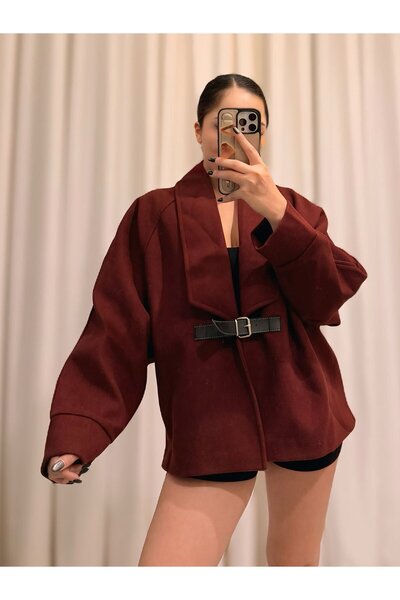 Labien Butik Kaşe Kumaş Deri Kemerli Bordo Tasarım Ceket